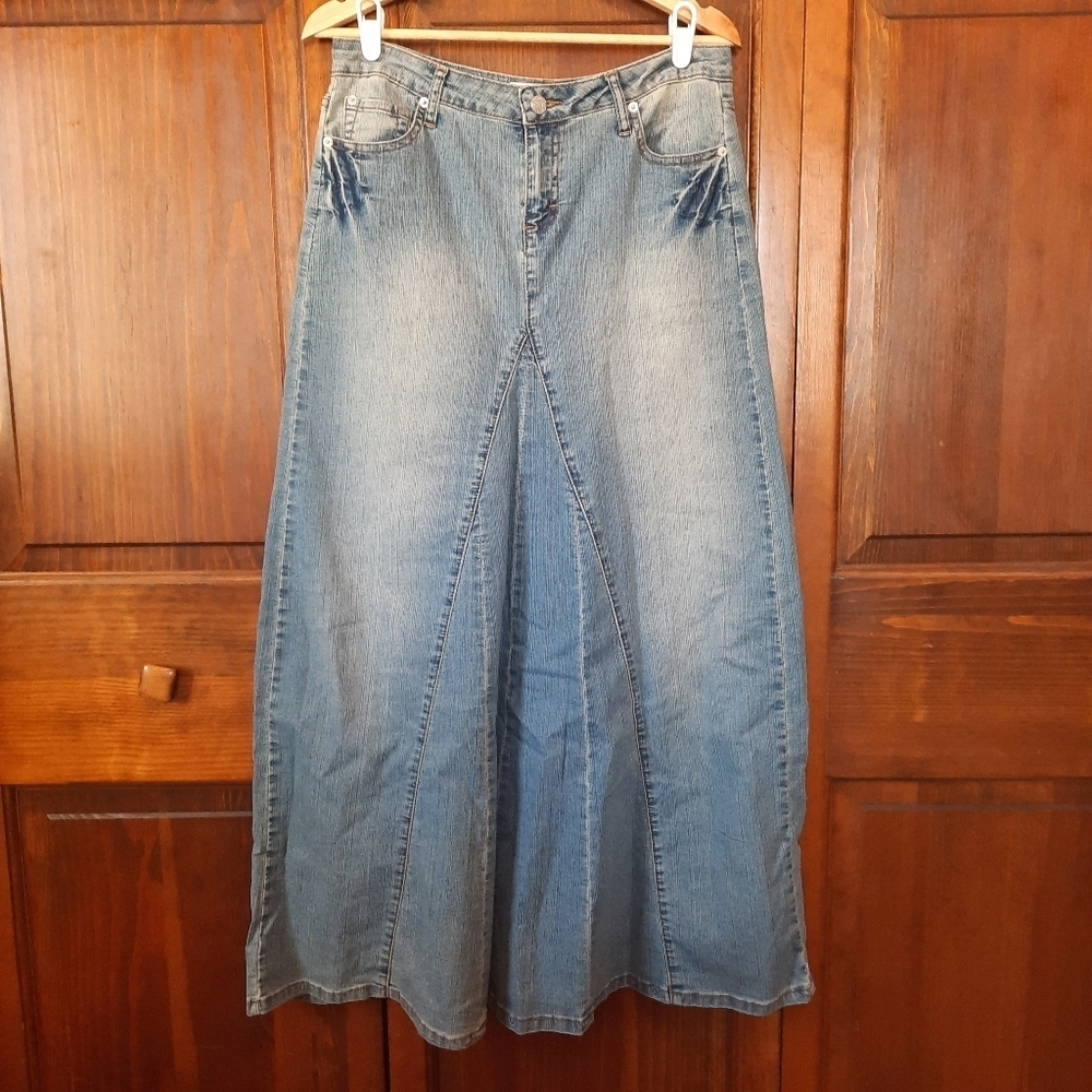 Vintage Y2K Route 66 Cotton Blend Light Wash Denim Flared Maxi Skirt Size 3/4